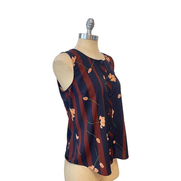 CAbi Scroll Sleeveless Top Woman Size Small Navy Brown Stripe Floral 3600 Small - Picture 3 of 6
